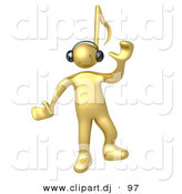 3d Cartoon Clipart of a Happy Gold Man with a Music Note Head, Dancing While Listening to Tunes Through Headphones by 3poD
