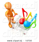 August 19th, 2012: 3d Cartoon Clipart of a Orange Man Pushing Shopping Cart with Music Notes by