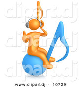 August 19th, 2012: 3d Cartoon Clipart of a Orange Man Wearing Wireless Headphones While Sitting on a Blue Music Note by