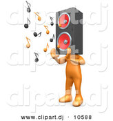 August 19th, 2012: 3d Cartoon Clipart of a Orange Man with Speaker Head Playing Loud Music by