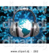 3d Clipart of a Blue Globe Wearing Headphones over Blue Music Notes Background by