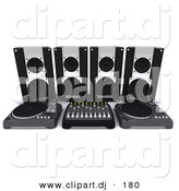 3d Clipart of a Dj Speakers Behind Dual Turn Tables and Equalizer by KJ Pargeter