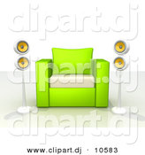 3d Clipart of a Green and White Chair Centered Between 2 Surround Sound Speakers by