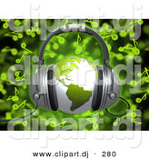 3d Clipart of a Green Globe Wearing Headphones over Green Music Notes Background by