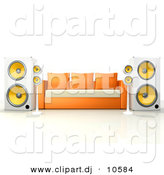 3d Clipart of a Living Room Sofa Surrounded by Large Speakers by