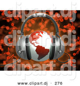 3d Clipart of a Red Globe Wearing Headphones over Red Music Notes Background by