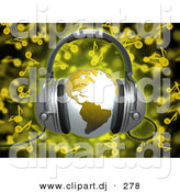 3d Clipart of a Yellow Globe Wearing Headphones over Yellow Music Notes Background by