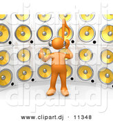 3d Clipart of an Orange Guy Standing in Front of Wall of Speakers by