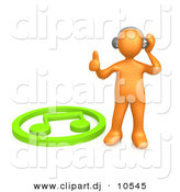 3d Clipart of an Orange Man Listening to Music on Wireless Headphones While Standing Beside Green Music Note by