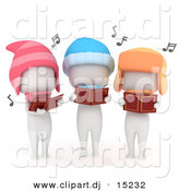 Cartoon Clipart of 3 White Kids Singing Outdoors While Looking at Music Books and Wearing Winter Hats by BNP Design Studio