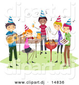 Cartoon Vector Clipart of a BBQ Birthday Party with Happy People Playing Music with Food by BNP Design Studio
