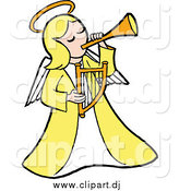 October 23rd, 2014: Cartoon Vector Clipart of a Blond White Angel in Yellow Playing a Horn and Holding a Lyre by LaffToon