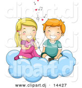 Cartoon Vector Clipart of a Cartoon Boy and Girl Listening to Love Songs While Sitting on a Cloud by BNP Design Studio