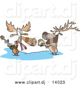 October 12nd, 2015: Cartoon Vector Clipart of a Cartoon Moose and Elk Playing Music in the Snow by Toonaday