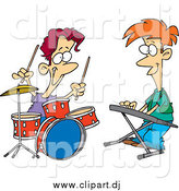 Cartoon Vector Clipart of a Caucasian Boys Drumming and Keyboarding in a Band by Toonaday
