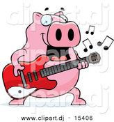 Cartoon Vector Clipart of a Chubby Pig Guitarist Playing a Song by Cory Thoman