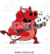 Cartoon Vector Clipart of a Chubby Red Devil Playing a Guitar by Cory Thoman