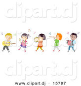 Cartoon Vector Clipart of a Diverse Line of Happy Children Playing Music in a Band by BNP Design Studio