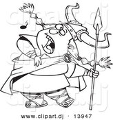 Cartoon Vector Clipart of a Female Viking Singing a Song While Holding a Spear - Coloring Page Outline - Black and White by Toonaday