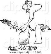 Cartoon Vector Clipart of a Guy Wearing Togat While Holding Sheet Music - Coloring Page Outline - Black and White by Toonaday