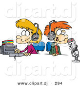 Cartoon Vector Clipart of a Happy Boy and Girl Wearing Headphones in a Studio by Toonaday