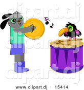 Cartoon Vector Clipart of a Happy Dog and Toucan Playing Cymbols and Drums by