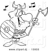 Cartoon Vector Clipart of a Happy Singing Viking with Ax and Shield - Coloring Page Outline - Black and White by Toonaday