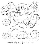 Cartoon Vector Clipart of a Lineart Angel Girl Playing a Trumpet in Heaven by Visekart