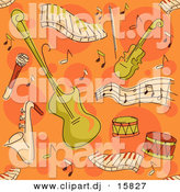 Cartoon Vector Clipart of a Music Instrument Pattern - Seamless Orange Background by BNP Design Studio