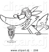 Cartoon Vector Clipart of a Radio Wolf Talking into a Microphone - Line Art Coloring Page Outline by Toonaday