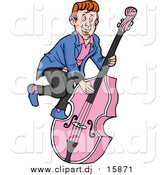 Cartoon Vector Clipart of a Rockabilly Musician Man Playing a Pink Bass by LaffToon