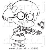 Cartoon Vector Clipart of a School Girl Playing Violin - Coloring Page Outline - Black and White by Toonaday