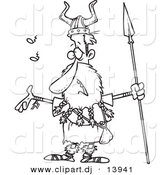 Cartoon Vector Clipart of a Singing Viking Holding a Spear - Coloring Page Outline - Black and White by Toonaday