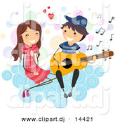 Cartoon Vector Clipart of a Stick Figure Boy Serenading a Girl on a Cloud with Guitar by BNP Design Studio