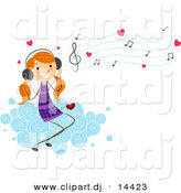 Cartoon Vector Clipart of a Valentine Stick Figure Girl Listening to Love Songs While Sitting on a Cloud by BNP Design Studio