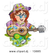 Cartoon Vector Clipart of a White Hippie Lady Playing a Guitar by Visekart