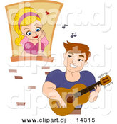Cartoon Vector Clipart of a Young Man Playing Music to Girl Watching from a Window in a Castle by BNP Design Studio