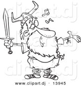 Cartoon Vector Clipart of an Old Singing Viking Holding a Sword - Coloring Page Outline - Black and White by Toonaday