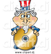 Cartoon Vector Clipart of Uncle Sam Standing Behind a Blank Gold CD by Dennis Holmes Designs
