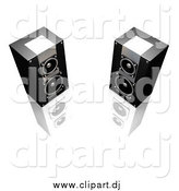 Clipart of 3d Black and Silver Stereo Speakers Facing Slightly Towards Each Other, on a Reflective White Surface by KJ Pargeter