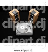 Clipart of 3d Stereo Speakers Beside a Turntable Playing a Record, on a Black Reflective Surface by KJ Pargeter