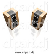Clipart of 3d Wood Radio Speakers Facing Slightly Towards Each Other, on a Reflective White Surface by KJ Pargeter