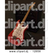 Clipart of a 3d Electric Guitar by a Music Speaker and Microphone by KJ Pargeter