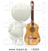 Clipart of a 3d White Person Beside His Wooden Acoustic Guitar by