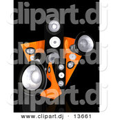 Clipart of a Black and Orange 3d Speaker Towers Against Black Background by