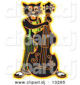 Clipart of a Black Cartoon Cat Playing a Bass Fiddle Instrument by Andy Nortnik