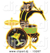 Clipart of a Black Cartoon Cat Playing Drums at a Bar by Andy Nortnik