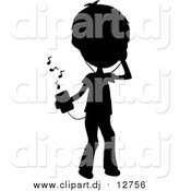 Clipart of a Black Silhouetted Stick Boy Listening to Tunes with a Music Player by Pams Clipart