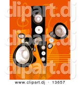 Clipart of a Black Speaker Towers Against Orange Music Notes Background by