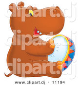 Clipart of a Cartoon Baby Hippo Playing Tambourine by Alex Bannykh